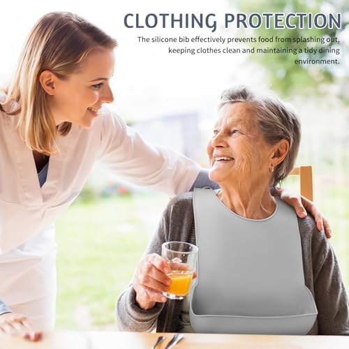 FOMIYES Silicone Adult Bib for Elderly - Waterproof, Washable, Adjustable Bib with Crumb Catchers - Reusable Mealtime Protector for Seniors, Men & Women - 16.53 X 11.02 Inches, Grey