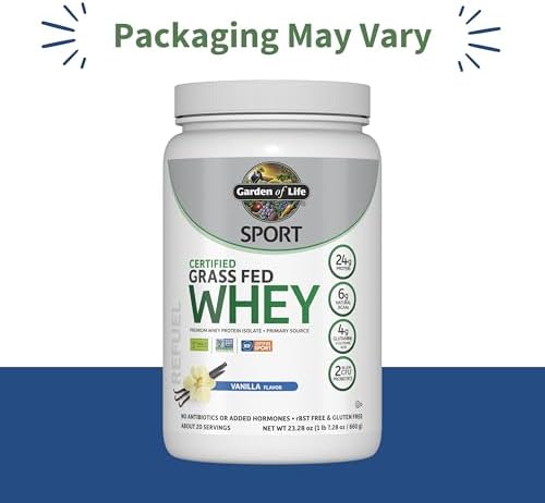 Garden of Life Sport Grass Fed Whey Protein Powder – 24g Whey Protein Isolate for Women & Men with Probiotics & Glutamine, Non-GMO, Gluten-Free, Cold-Processed, Vanilla Flavor, 20 Servings