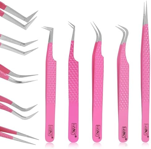 HADIZ Fiber Tip Eyelash Extension tweezers Lash Tweezer Japanese Steel set of five (Raspberry)