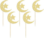36 Pack Gold Glitter Moon and Star Eid Mubarak Cupcake Topper Ramadan Kareem Party Supplies Islamic Muslim Party Decorations