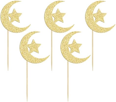 36 Pack Gold Glitter Moon and Star Eid Mubarak Cupcake Topper Ramadan Kareem Party Supplies Islamic Muslim Party Decorations