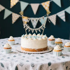 Banner Happy Birthday Cake Topper Ivory Handmade Pennant Flags Garland with Wood Pole Happy Birthday Topper for Cake Party Supplies Decorations (with Gold Star)
