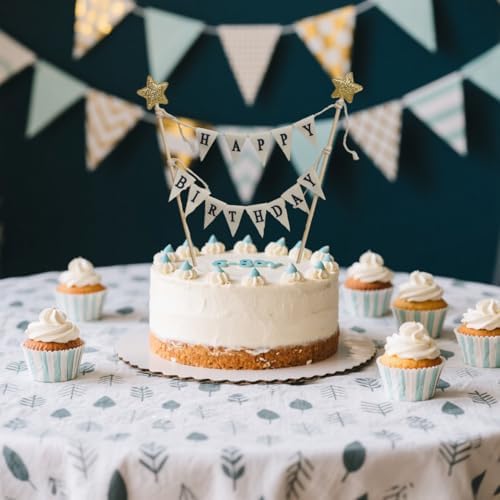 Banner Happy Birthday Cake Topper Ivory Handmade Pennant Flags Garland with Wood Pole Happy Birthday Topper for Cake Party Supplies Decorations (with Gold Star)