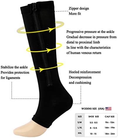 2 Pair Zipper Women Compression Stockings Burn Fat Socks Open Toe Girl Compression Slim Beauty Leg,Black,XXL