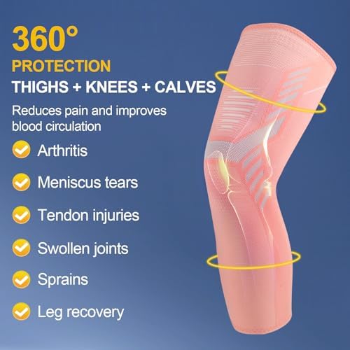 Leg Compression Sleeve 1 Pair Long Knee Braces for Women and Men Knee Support with Non Slip Silicone for Sports Running