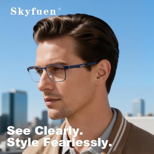 SKYFUEN Progressive Reading Glasses Men Multifocus Metal Frame No-Line Anti-Blue Light Computer Readers with Spring Hinges