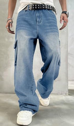 Mens Baggy Cargo Jeans Y2K Wide Leg Denim Pants with Design Streetwear Loose Fit Relaxed Hip Hop Jeans for Men