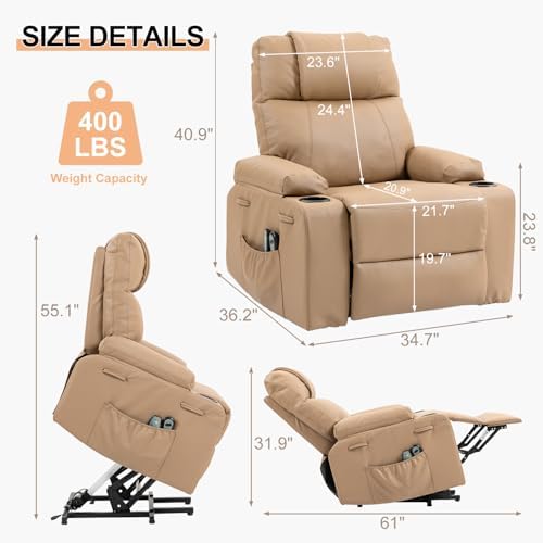 Power Lift Recliner Sofa Chair, Electric Stand Assit for Elderly People, Leather Reclining Chair with Cup Holders, Massage & Heat Functions, Living Room or Bedroom Furniture for Resting, Brown