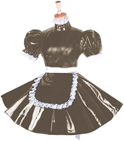 Lockable PVC Dress Short Puff Sleeve Outfit Crossdresser Plus Size Sissy Dress,Dark Grown,7XL