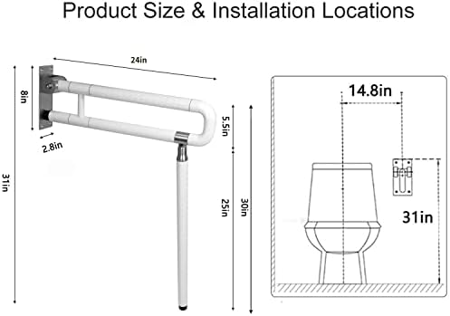 MYOYAY 24In Toilet Safety Rails Wall Mount Floor Support Foldable Toilet Grab Bar Handicap Grab Bars Rails Non-Slip Stainless Steel Flip Up Grab Bar Fluorescent Handrails for Seniors Disabled Pregnant