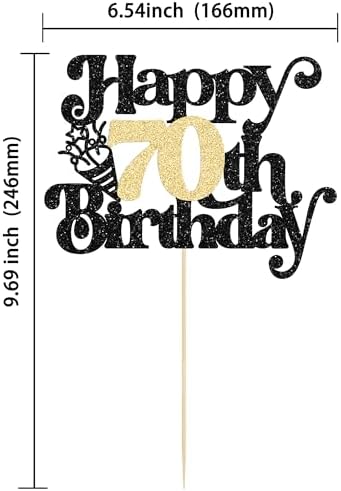 Gyufise 1Pc Happy 70th Birthday Cake Topper Glitter Happy Birthday Cake Pick Cheers to 70 Years for 70th Anniversary Wedding Party Cupcake Decorations Supplies Black Gold