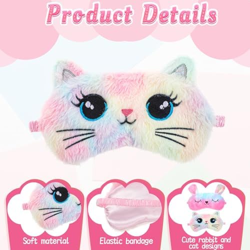 2 PCS Sleep Mask for Kids, Super Soft Plush Cute Cat Sleeping Eye Mask, Comfortable Adjustable Blindfold for Girls, Funny Animal Light Blocking Night Cover for Home Travel (Cat Pattern)