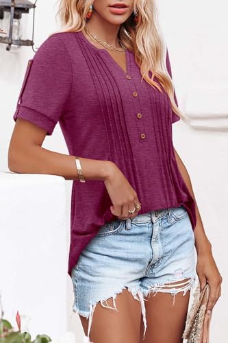 Women's Summer Knit Tops Short Sleeve V Neck Button Folded Front Soft Tunic Blouses