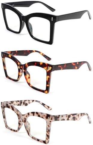 REAVEE 3 Pack Oversized Square Reading Glasses for Women, Blue Light Blocking Stylish Readers Spring Hinge