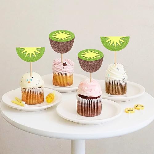 Ercadio 24 Pcs Kiwifruit Cupcake Toppers Glitter Fruit Theme Summer Kiwifruit Cupcake Picks for Kid Baby Shower Party Decorations Boy Girl Birthday Cake Party Supplies Kiwifruit
