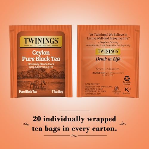 Twinings Ceylon Pure Black Tea - A Crisp, Refreshing, Formerly Orange Pekoe, Caffeinated Tea Bags, Individually Wrapped, 20 Count (Pack of 2)