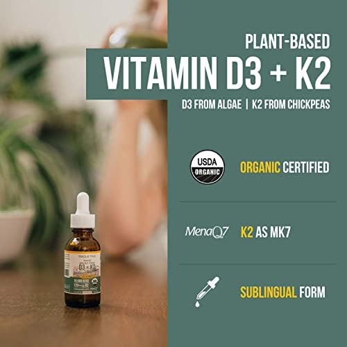 Organic Plant D3 K2 vitamin 10000 iu - All-Trans MK7 from MenaQ7 (120 mcg K2) - 100% Organic & Plant-Based Sublingual D3 Drops 10,000 iu (Cholecalciferol), 100% Vegan - Supports Immunity, Bone, Brain