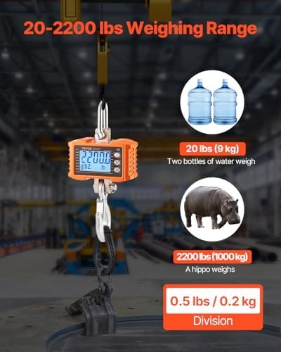 VEVOR Digital Crane Scale, 2200 lbs/1000 kg, Industrial Heavy Duty Hanging Scale with Remote Control, Cast Aluminum Case & LCD Screen, High Precision for Construction, Factory, Farm, Hunting (Orange)