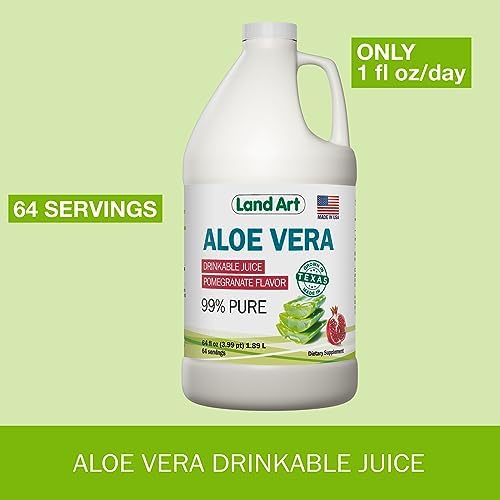 Land Art Pure Aloe Vera Juice - Pomegranate Flavored - Cold-Processed - Inner Filet from Organic Fresh Leaves from Texas - Aid- 64 fl oz