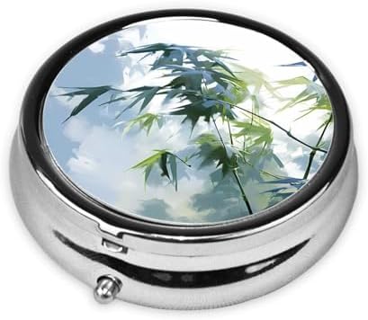 Bamboo Leaves Prints Round Mini Pill Box with 3 compartments for Pill Storage and Portable Travel