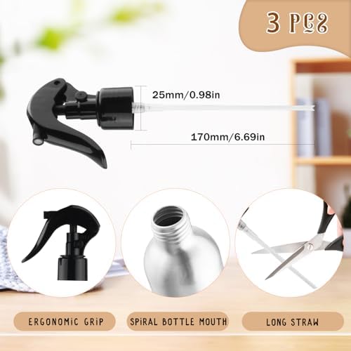 3 Pack Aluminum Spray Bottles with Adjustable Nozzle 500ml/17oz Silver Metal Fine Mist Atomizer Refillable Sprayer for Hairdressing Watering Plants Cleaning Cooking