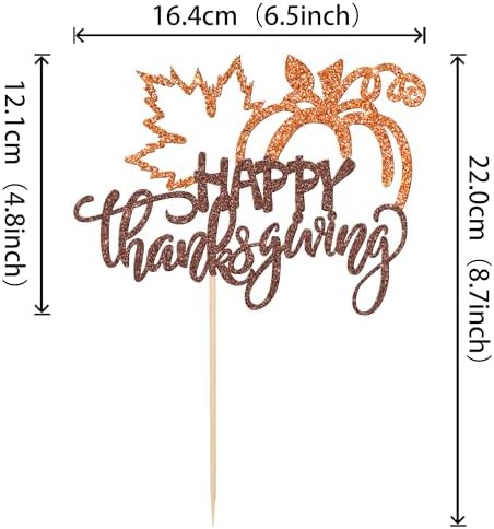 1 PCS Happy Thanksgiving Cake Topper Glitter Maple Leaf Pumpkin Happy Friendsgiving Cake Pick Fall Harvest Give Thanks Cake Decoration for Happy Thanksgiving Day Theme Party Supplies Orange