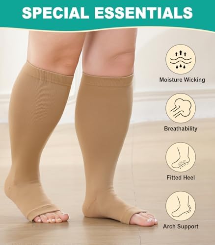Plus Size Compression Socks: 2 Pairs Wide Calf Compression Toeless Stockings for Men Women - Open Toe 20-30 mmHg Compression Hose Support for Travel Nurses