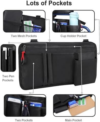 LIGHTMEUP Wheelchair Side Bag with Cup Holder - Wheelchair Armrest Pouch Accessories for Adults, Storage Bags to Hang on Side Oversized Zipper Pull for Electric Wheelchair Walker Rollator Scooter