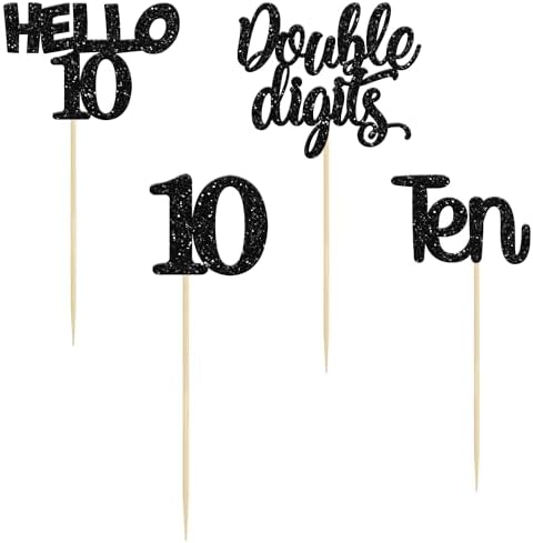 Gyufise 24Pcs Black Glitter 10th Birthday Cupcake Toppers Double Digits Cupcake Toppers Hello 10 Ten Cupcake Picks for 10th Birthday Party Cake Decorations Supplies