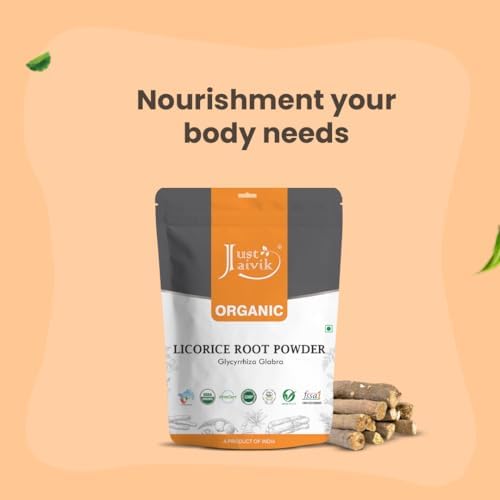Just Jaivik 100% Organic Licorice Root Powder - 227 gm / 0.5 lb Mulethi | Glycyrrhiza Glabra/Yastimadu | May Enhance Gut, Respiratory & Digestive Wellness | USDA Organic Certified Herb