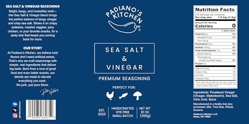 Sea Salt & Vinegar Seasoning, 10 oz, Premium Dye-Free Spice Blend from Padiano's Kitchen, Made in USA