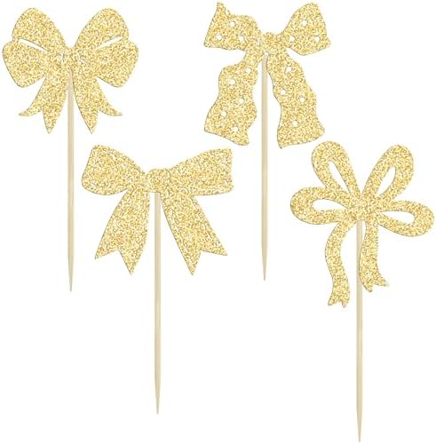 Ephlyn 24 Pcs Gold Bow Cupcake Toppers for Birthday, Baby Shower, Bridal Shower, Wedding, Bachelorette Party