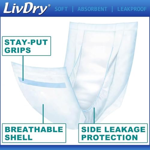 LivDry Incontinence Pads for Women and Men, Long Length Insert, Extra Absorbency with Odor Control (30 Count)