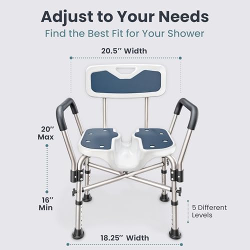 Shower Chair U-Shape Seat (450lb) Heavy Duty - Padded Armrests and Back, Shower Chairs for Elderly and Disabled, Handicap, Shower Chair for Inside Shower, Adjustable Height - Blue