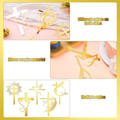 5 Pcs Gold Dove Cross Cake Toppers Acrylic Baptism First Communion Cake Decorations Supplies for Baby Shower Birthday Wedding Party Christian