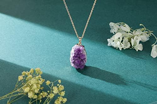 Jovivi Natural Amethyst Cluster Crystal Necklace for Women Men,Irregular Raw Rough Amethyst Quartz Stone Pendant Necklace Jewelry for Spiritual Reiki Healing,Beauty, Love and Positive Energy