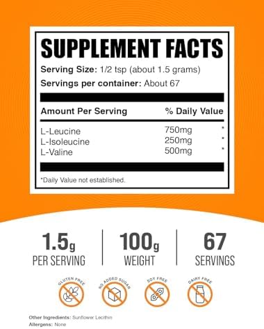 BulkSupplements.com BCAA 3:1:2 Powder - BCAA Supplements, Branched Chain Amino Acids Powder - Unflavored & Gluten Free, 1.5g per Serving, 100g (3.5 oz) (Pack of 1)