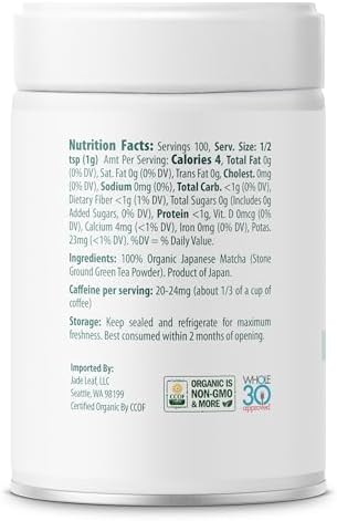 Jade Leaf Matcha Organic Ceremonial Grade Matcha Green Tea Powder - Barista Blend - 100% Pure Japanese First Harvest Green Tea for Lattes from Uji and Kagoshima, 100g / 3.53 Ounce (Pack of 1)