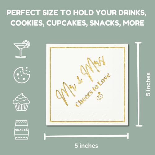 Mr and Mrs Wedding Napkins, Elegant Gold Foil White Paper Cocktail Napkin, Disposable Decorations for Weddings, Receptions, Bridal Showers, Bar, 50 Pack