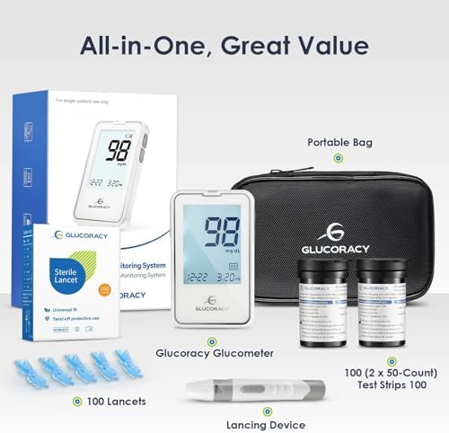 Glucoracy Blood Glucose Monitor Kit with 100 Blood Sugar Test Strips & Lancets, Glucometer, Lancing Device, Travel Case, Diabetic Home Testing Kit