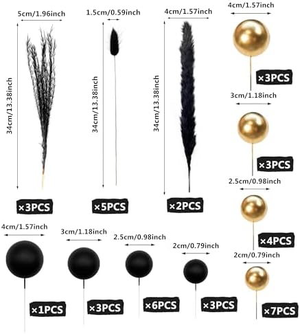 40 PCS Black Gold Cake Toppers Ball Cake Decoration Boho Bunny Tails Reed Grass Cake Decoration for Boho Wedding Birthday Baby Shower Party Cake Decoration Supplies