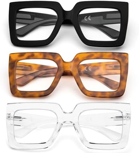3 Pack Oversized Thick Frame Reading Glasses for Women,Stylish Square Large Readers Blocking Blue Light Glasses