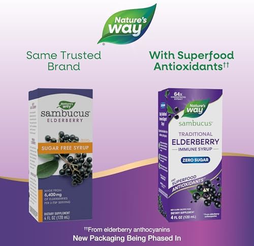 Nature’s Way Sambucus Zero Sugar Traditional Immune Syrup, Highly Concentrated Black Elderberry Extract, Traditional Immune Support*, with Superfood Antioxidants(1), 4 Fl Oz (Packaging May Vary)
