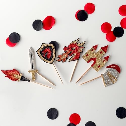 Confetti! 12PCS Dragon Cupcake Toppers – Glitter Medieval Fantasy Birthday Decorations, Enchanted Forest Fairy Tale Party Supplies for Kids & Adults (Cupcake Toppers)
