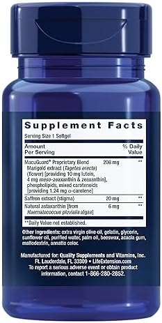 Life Extension MacuGuard Ocular Support with Saffron & Astaxanthin – Eye Health Supplement for Healthy Vision – with Lutein, zeaxanthin, Meso-zeaxanthin – Gluten-Free, Non-GMO – 60 softgels