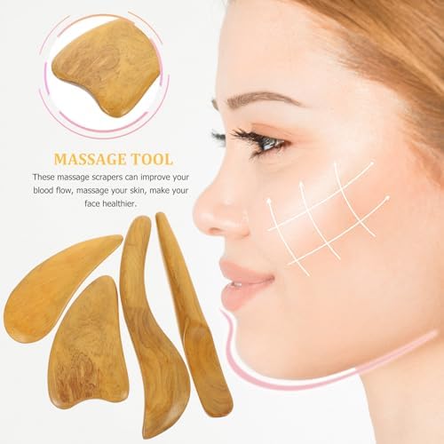 LALAFINA Multifunctional Scraping Massage Tool for Face and Body Wooden Gua Sha Board for Blood Flow Improvement and Skin Relaxation 4Pcs Set for Women Body Care