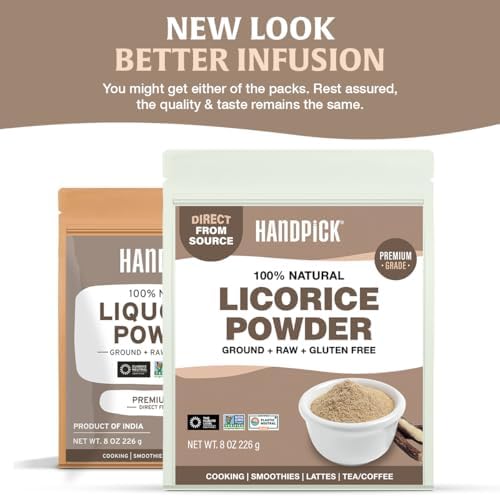 HANDPICK Licorice Root Powder (226g/8oz) Non GMO, Gluten Free, 100% Raw Ground Mulethi, Sourced from India, Glycyrrhiza Glabra, Packed in Resealable Ziplock Pouch