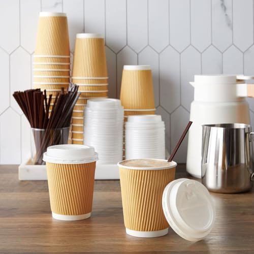 Juvale Disposable Coffee Cups with Lids & Straws - 8-Ounce, Brown Ripple, 50 Count - Insulated Disposable Paper Cups for Hot Coffee & On-the-Go Use - Compostable, No-Wax Lid Design