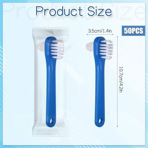 50 Pcs Denture Brush Bulk, Dual Head Firm Hard Bristle Denture Toothbrush Portable Individually Blue Dentures Cleaner Brush for False Teeth, Mouth Guards, Clear Braces