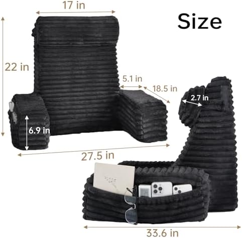 ENITYA 22" XL Ergonomic Bed Pillow for Sitting Up，Backrest Cushion for Reclining,Gaming,Resting,Watching TV,Recovery in Bed, Couch or Floor, Removable Cover, Black